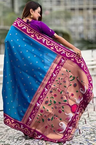Blue paithani silk zari weaving saree with contrast blouse piece