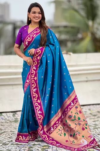 Blue paithani silk zari weaving saree with contrast blouse piece