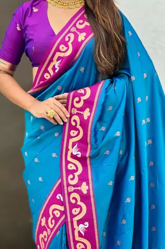 Blue paithani silk zari weaving saree with contrast blouse piece