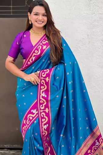 Blue paithani silk zari weaving saree with contrast blouse piece
