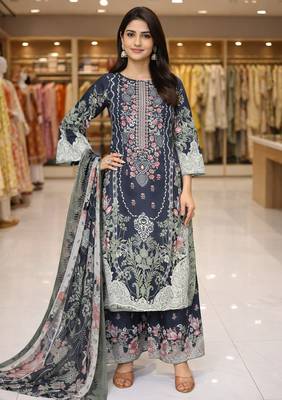 Blue color crepe silk printed women unstitched dress material 1