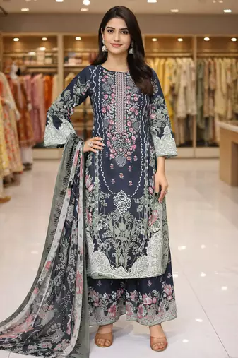 Blue color crepe silk printed women unstitched dress material