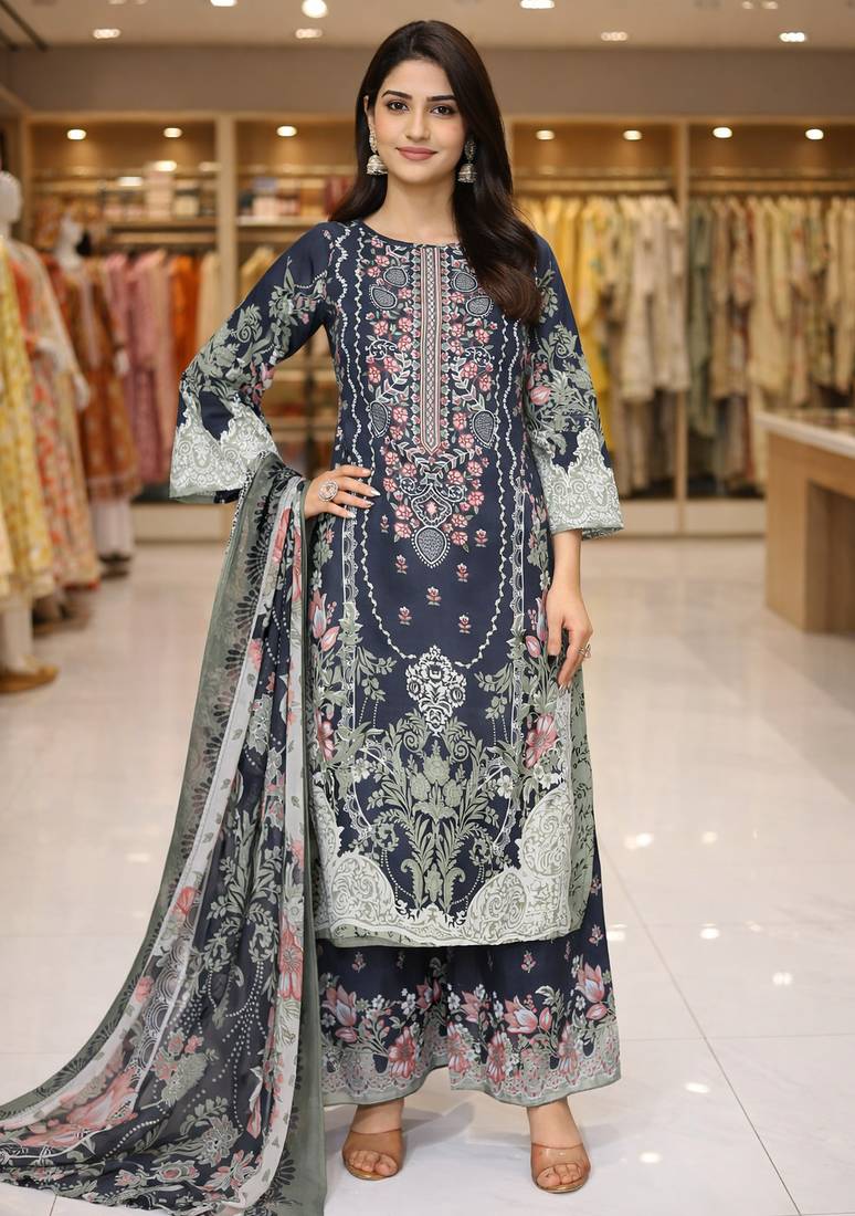 Blue color crepe silk printed women unstitched dress material
