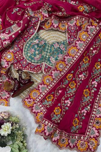 Rani Pink Color Sequance and Dori Embroidery Real Mirror work Rangoli Silk Saree