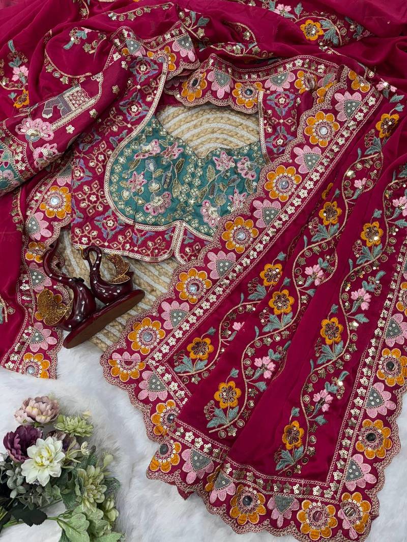 Rani Pink Color Sequance and Dori Embroidery Real Mirror work Rangoli Silk Saree