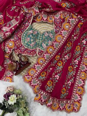Rani Pink Color Sequance and Dori Embroidery Real Mirror work Rangoli Silk Saree 2