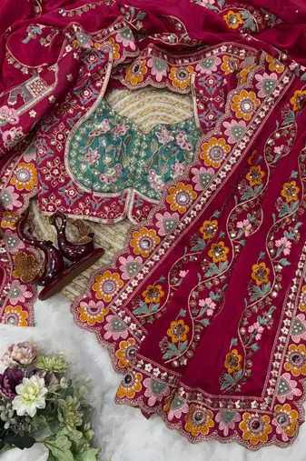 Rani Pink Color Sequance and Dori Embroidery Real Mirror work Rangoli Silk Saree