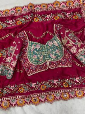 Rani Pink Color Sequance and Dori Embroidery Real Mirror work Rangoli Silk Saree 3