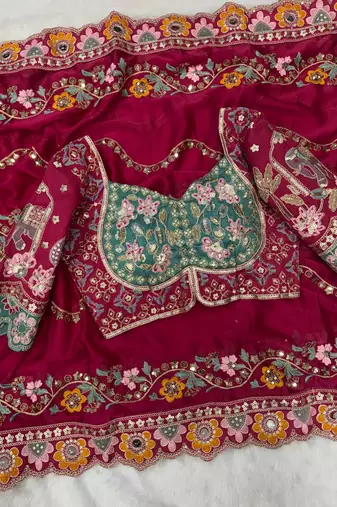 Rani Pink Color Sequance and Dori Embroidery Real Mirror work Rangoli Silk Saree
