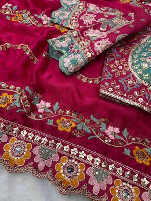Rani Pink Color Sequance and Dori Embroidery Real Mirror work Rangoli Silk Saree 5