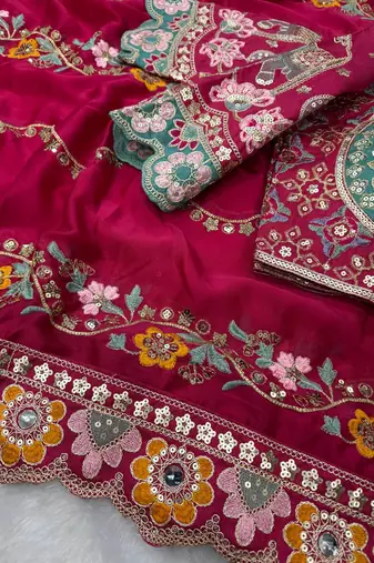 Rani Pink Color Sequance and Dori Embroidery Real Mirror work Rangoli Silk Saree