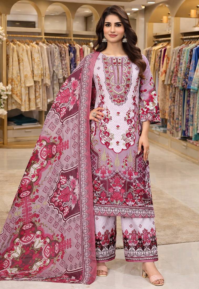 Pink color crepe silk printed women unstitched dress material