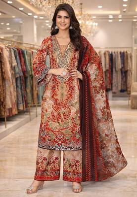 Orange color crepe silk printed women unstitched dress material 1