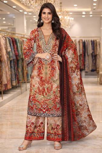 Orange color crepe silk printed women unstitched dress material