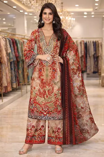 Orange color crepe silk printed women unstitched dress material