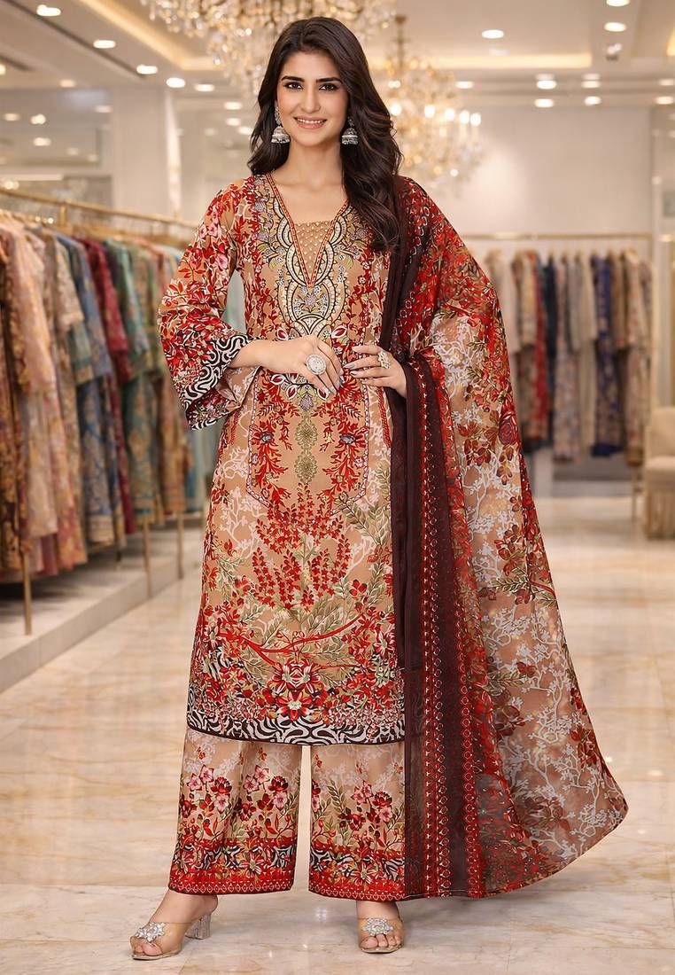 Orange color crepe silk printed women unstitched dress material