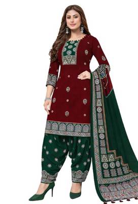 Red color crepe silk printed women unstitched dress material 1