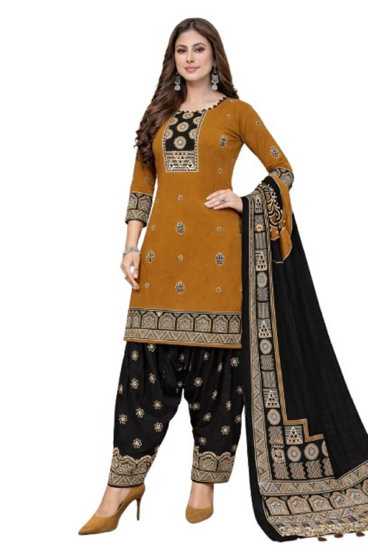 Mustard color crepe silk printed women unstitched dress material