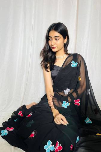 Black Color THAREDE GAMTHI BUTTERFLY WORK GEORGETTE  SAREE
