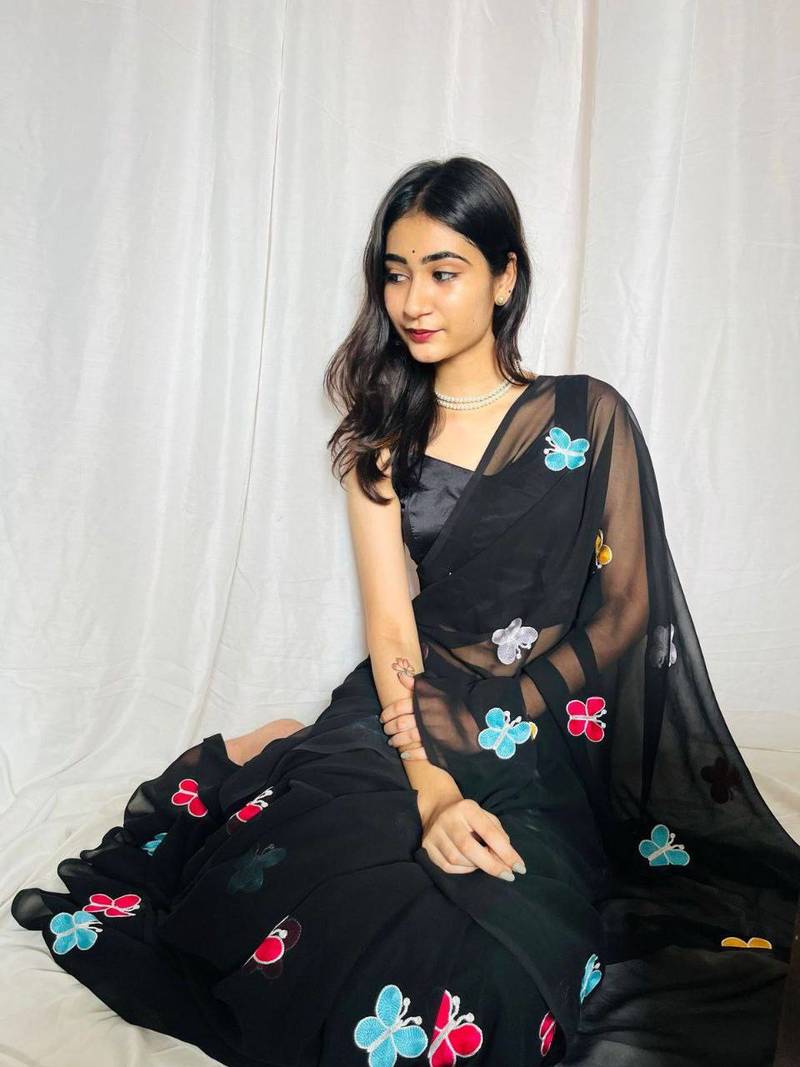 Black Color THAREDE GAMTHI BUTTERFLY WORK GEORGETTE  SAREE