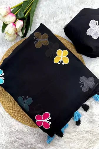 Black Color THAREDE GAMTHI BUTTERFLY WORK GEORGETTE  SAREE
