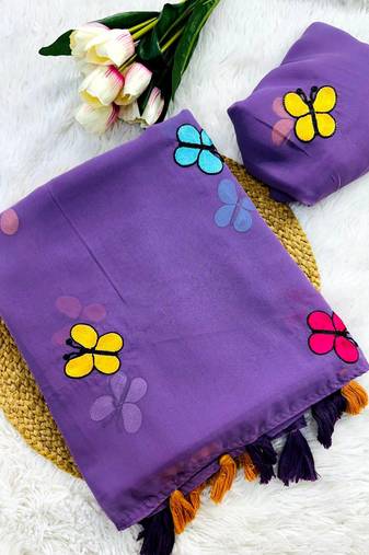 Dark Lavender Color THAREDE GAMTHI BUTTERFLY WORK GEORGETTE  SAREE