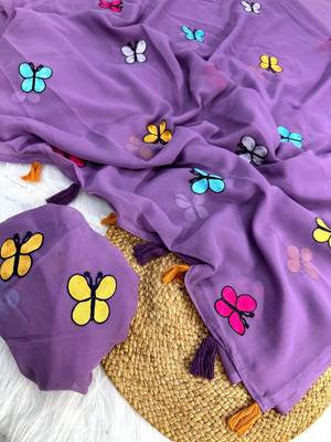 Dark Lavender Color THAREDE GAMTHI BUTTERFLY WORK GEORGETTE  SAREE 2