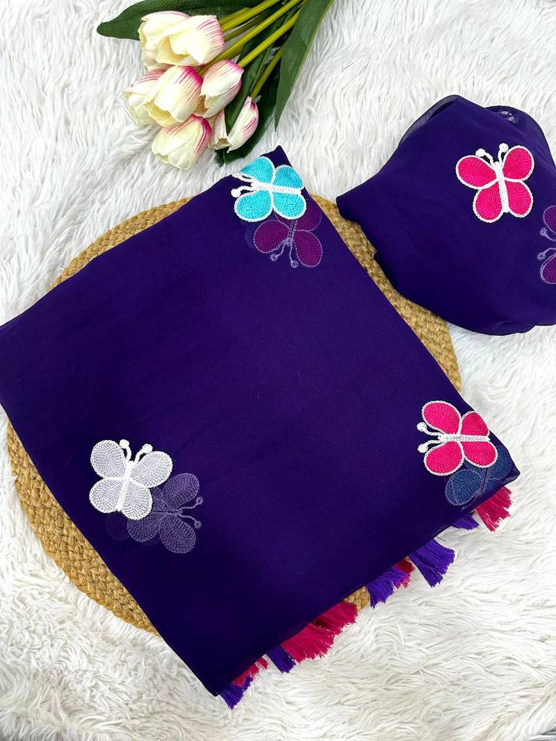 Dark Purple Color THAREDE GAMTHI BUTTERFLY WORK GEORGETTE  SAREE