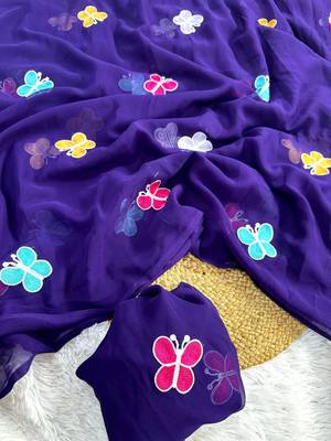 Dark Purple Color THAREDE GAMTHI BUTTERFLY WORK GEORGETTE  SAREE 2