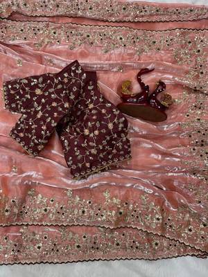 Peach Color Sequence embroidery work Organza Saree 1
