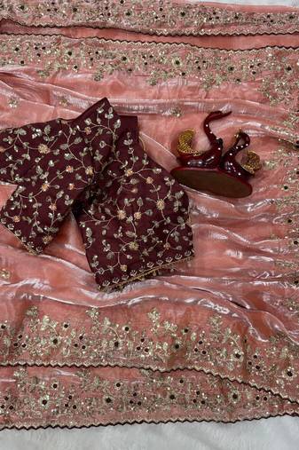 Peach Color Sequence embroidery work Organza Saree