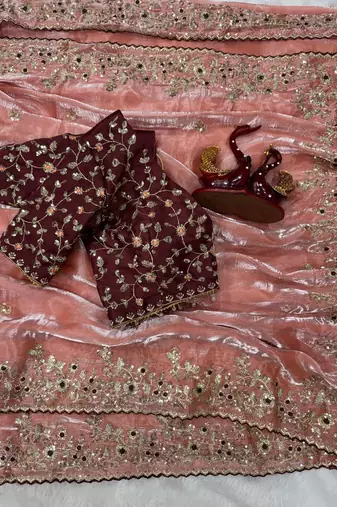 Peach Color Sequence embroidery work Organza Saree