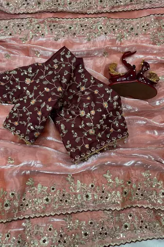 Peach Color Sequence embroidery work Organza Saree