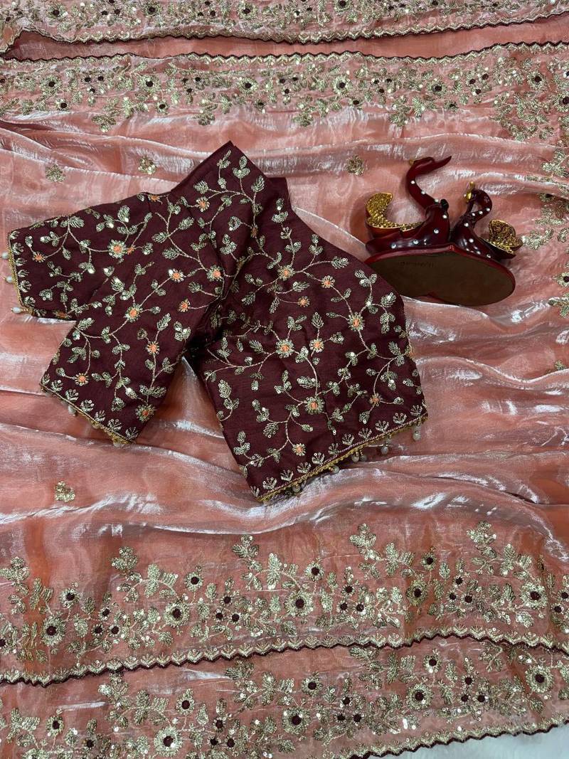 Peach Color Sequence embroidery work Organza Saree