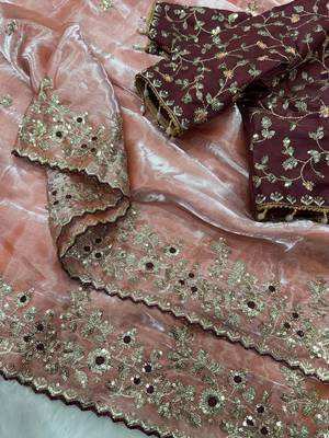 Peach Color Sequence embroidery work Organza Saree 3