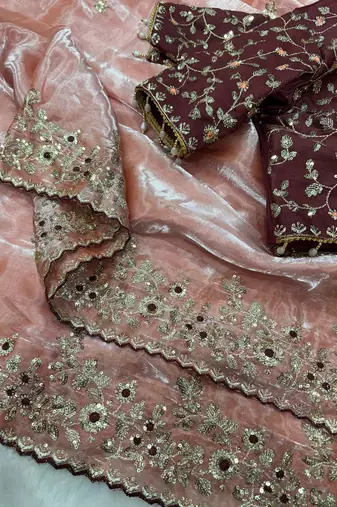 Peach Color Sequence embroidery work Organza Saree