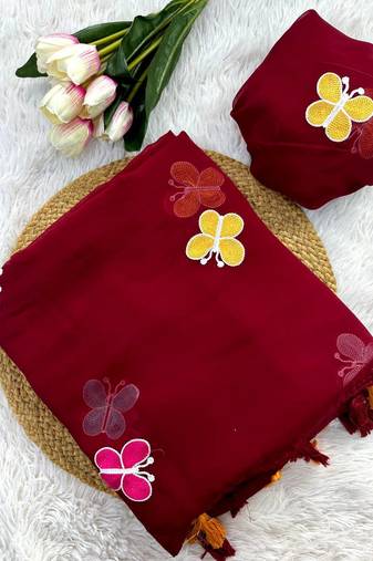 Maroon Color THAREDE GAMTHI BUTTERFLY WORK GEORGETTE  SAREE