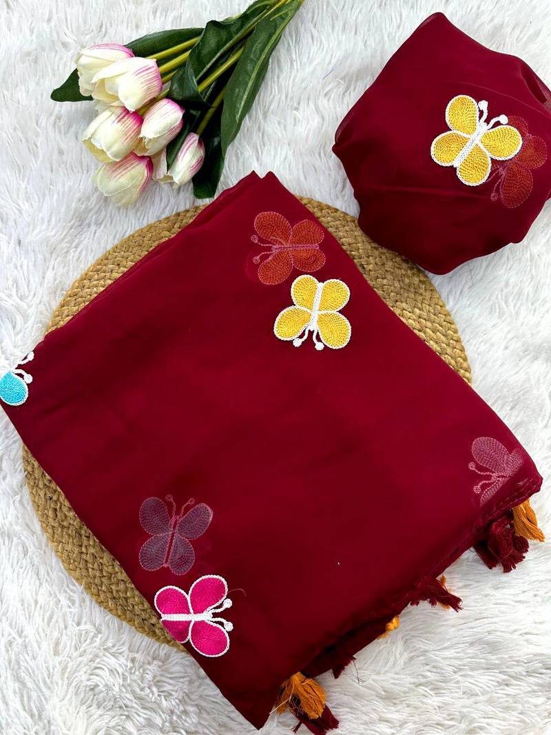 Maroon Color THAREDE GAMTHI BUTTERFLY WORK GEORGETTE  SAREE