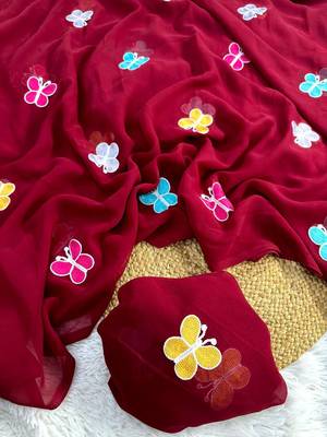 Maroon Color THAREDE GAMTHI BUTTERFLY WORK GEORGETTE  SAREE 2