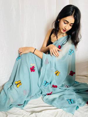 Sky Blue Color THAREDE GAMTHI BUTTERFLY WORK GEORGETTE  SAREE 2
