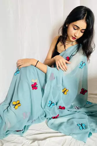 Sky Blue Color THAREDE GAMTHI BUTTERFLY WORK GEORGETTE  SAREE