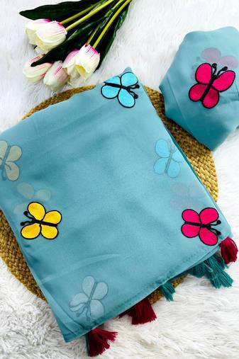 Sky Blue Color THAREDE GAMTHI BUTTERFLY WORK GEORGETTE  SAREE