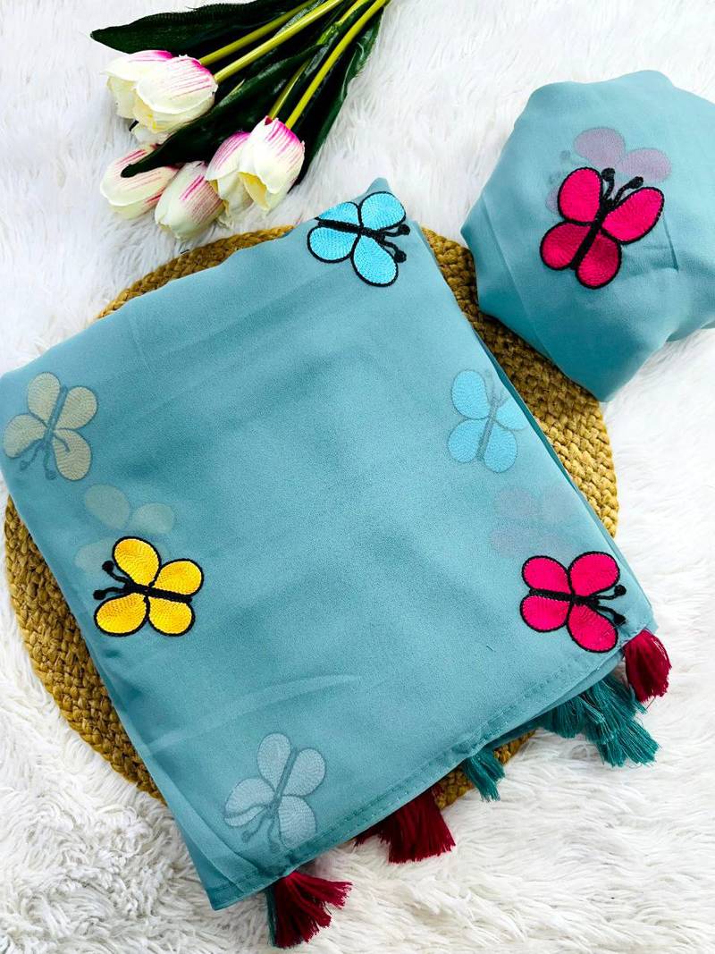 Sky Blue Color THAREDE GAMTHI BUTTERFLY WORK GEORGETTE  SAREE