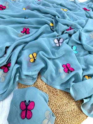 Sky Blue Color THAREDE GAMTHI BUTTERFLY WORK GEORGETTE  SAREE 3