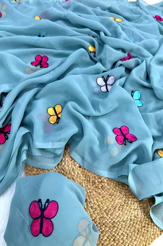 Sky Blue Color THAREDE GAMTHI BUTTERFLY WORK GEORGETTE  SAREE