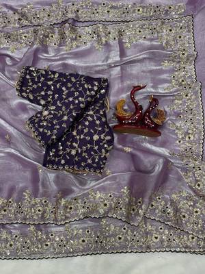 Lavender Color Sequence embroidery work Organza Saree 1