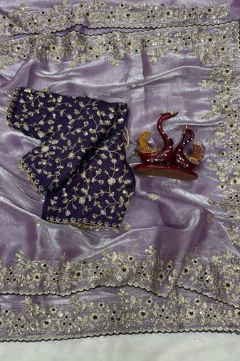 Lavender Color Sequence embroidery work Organza Saree