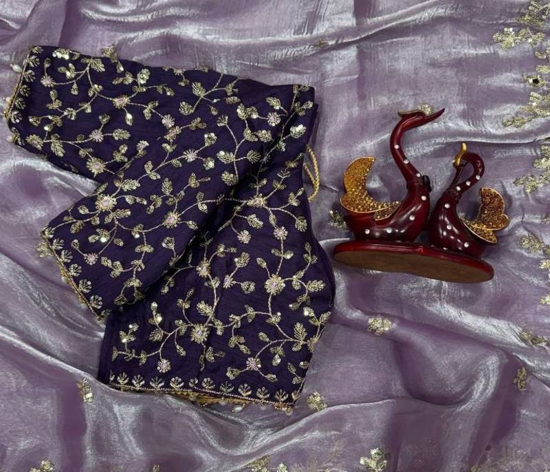 Lavender Color Sequence embroidery work Organza Saree