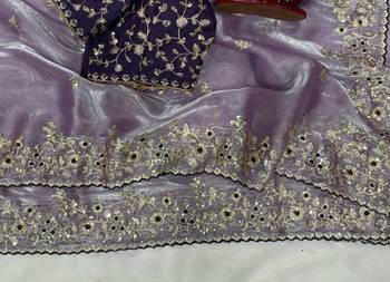 Lavender Color Sequence embroidery work Organza Saree 3