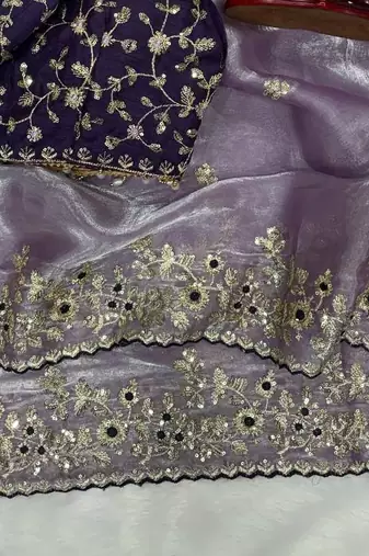 Lavender Color Sequence embroidery work Organza Saree